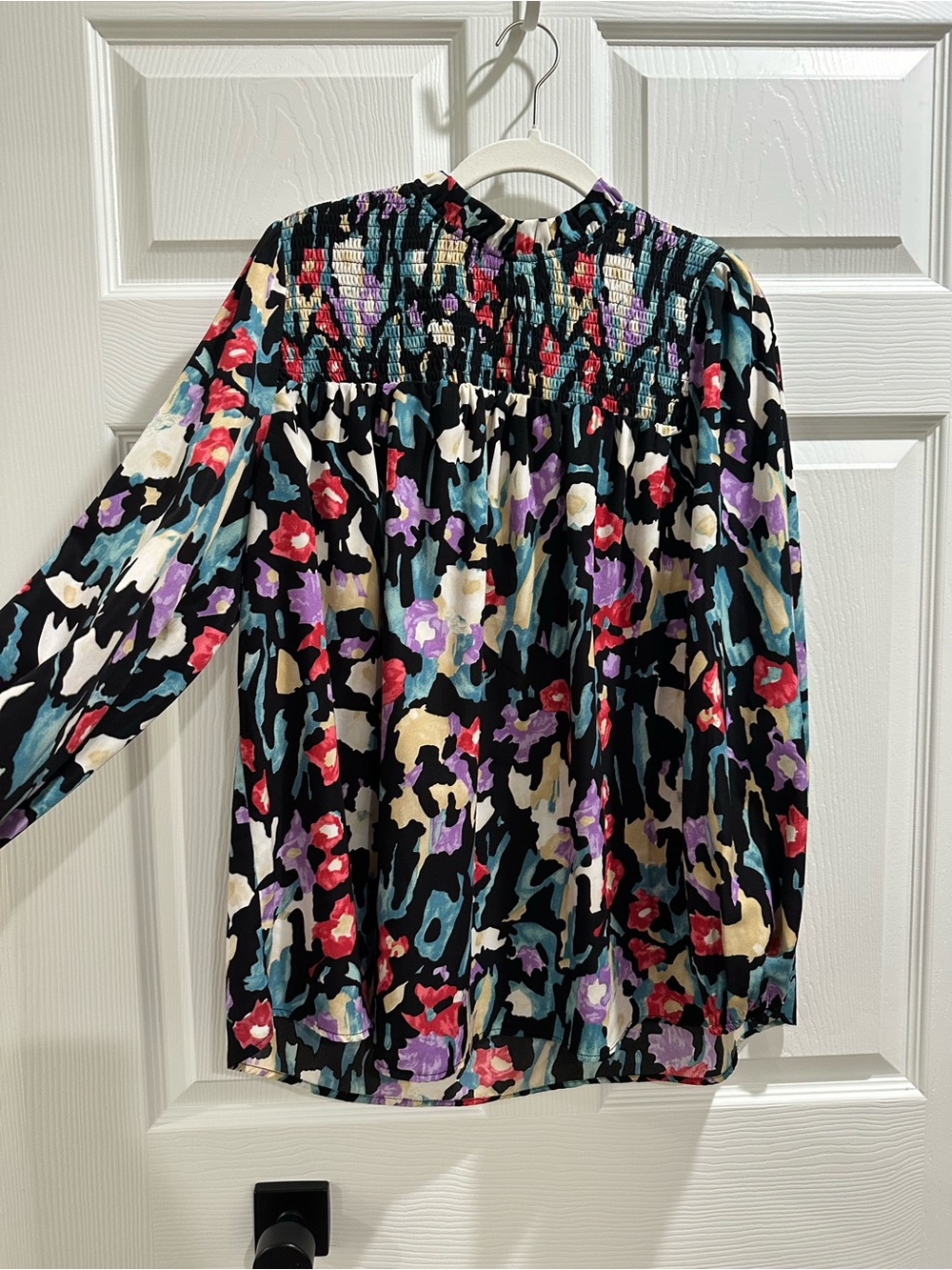 JODIFL Black Multi Floral Smocked Yoke Long Sleeve Blouse